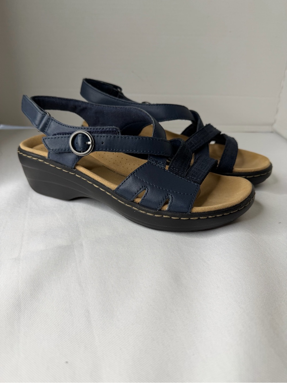 NWOT Clarks Collection “Merliah Bonita” Leather Strappy Sandals In Navy Size 6.5